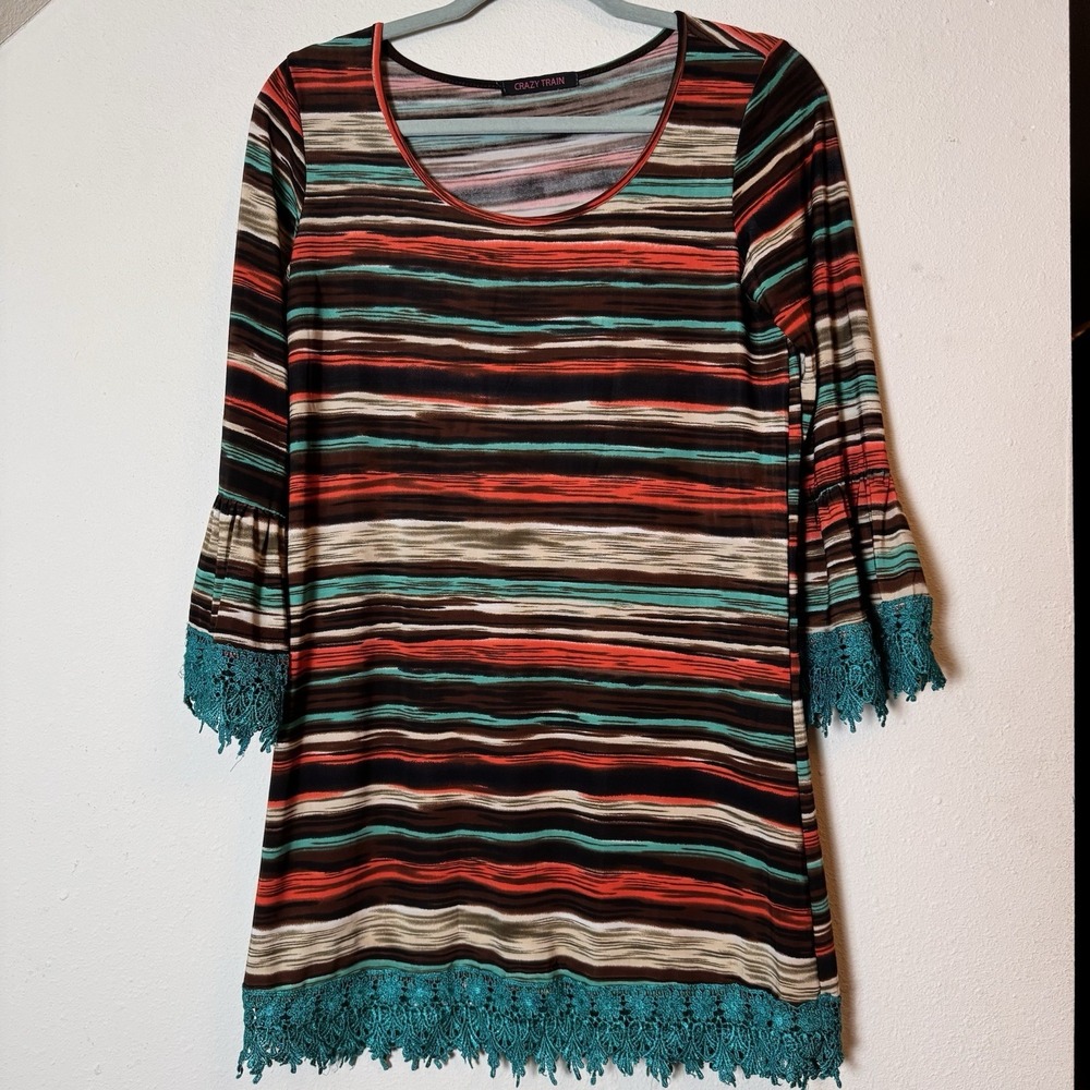 Crazy Train Women's M Serape Stripe Tunic Top 3/4 Sleeve Teal Lace Trim